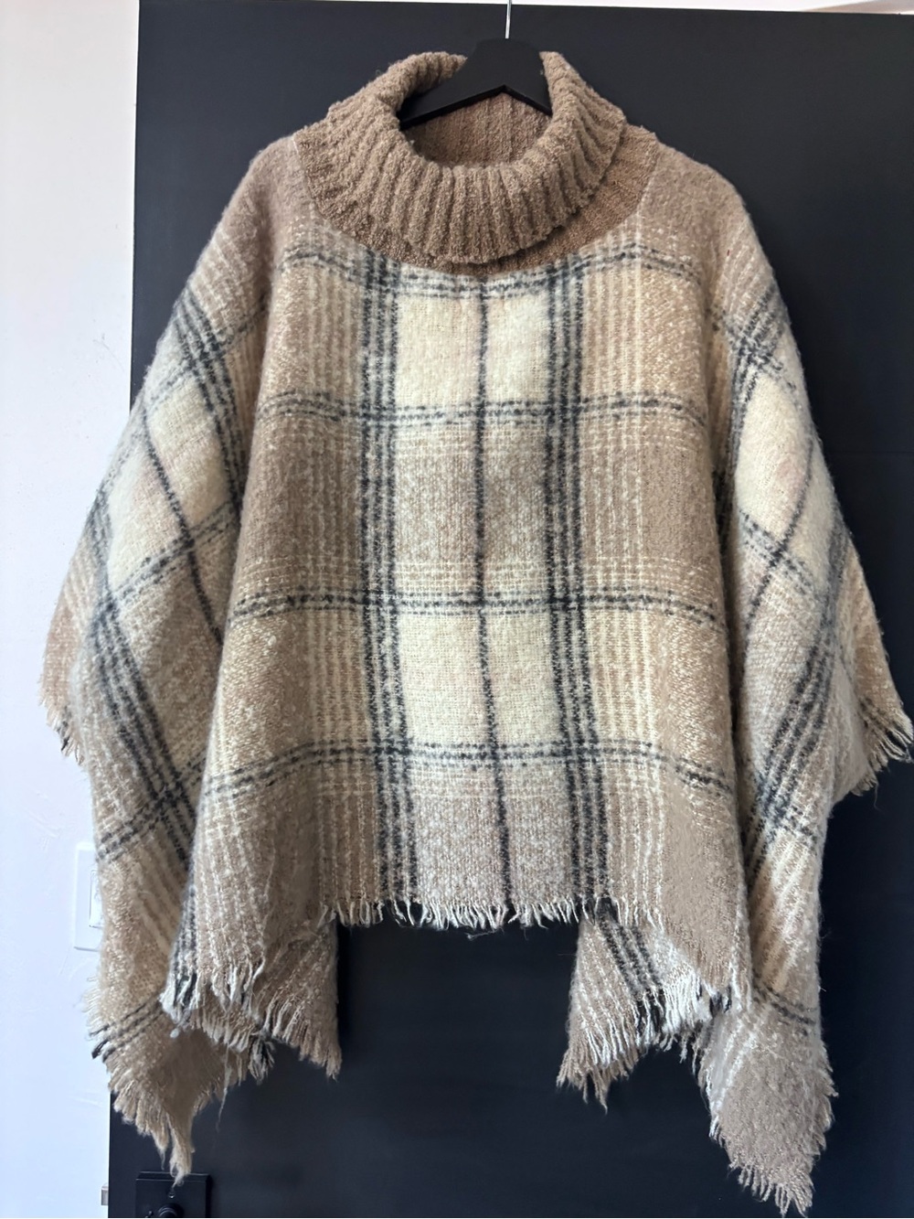 Cost Plus World Market Beige Plaid Turtleneck Poncho